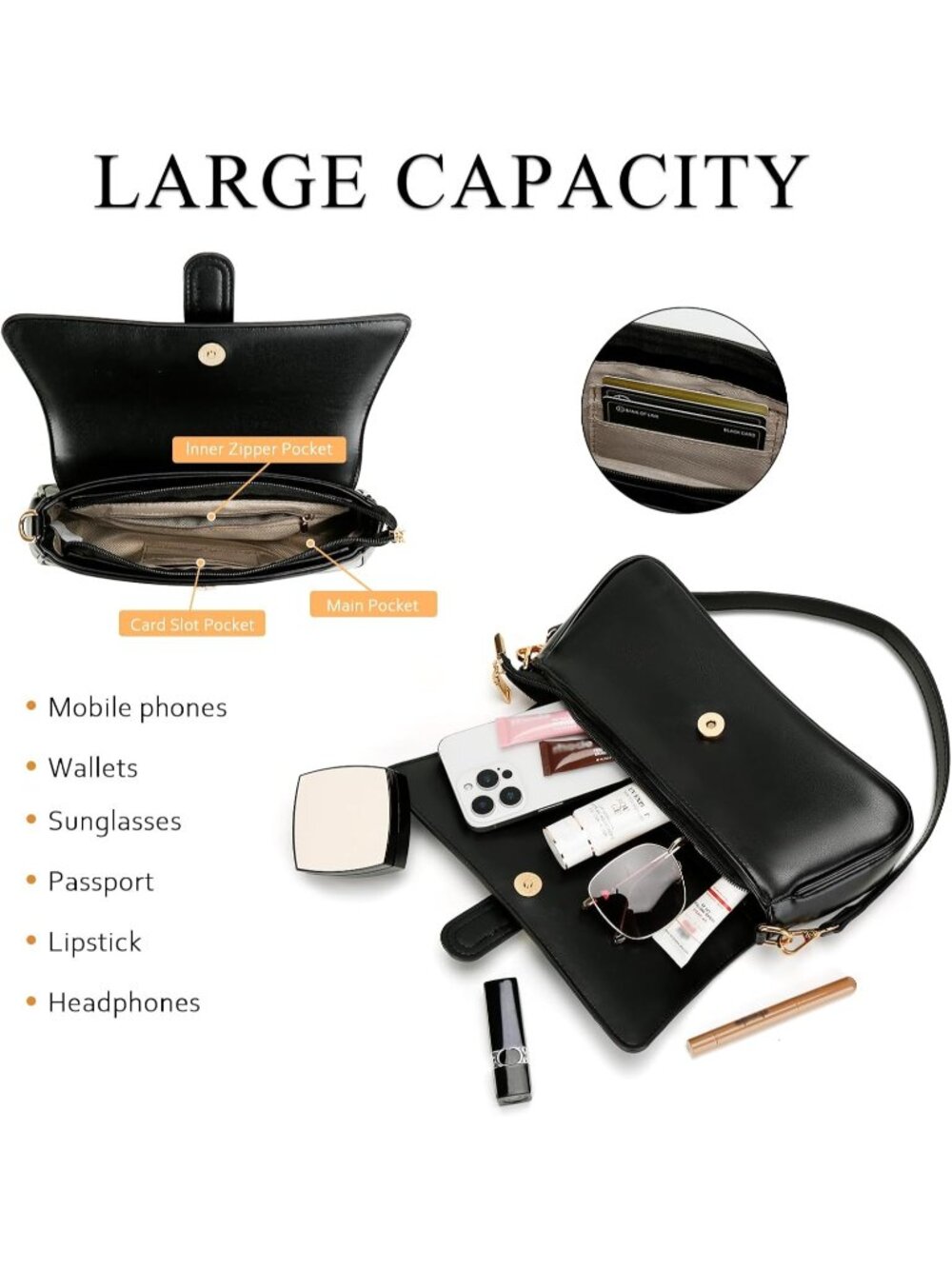 〽️Women's Black Small Hobo Vegan Leather Mini Retro Zipper Clutch Crossbody Bags - Picture 4 of 6